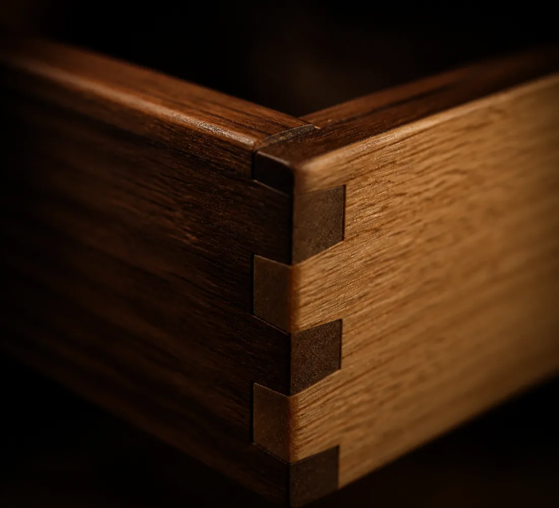 Macro photograph of a hand cut cairn joint in dark walnut and pale oak, the pins and tails meeting cleanly in warm side light.
